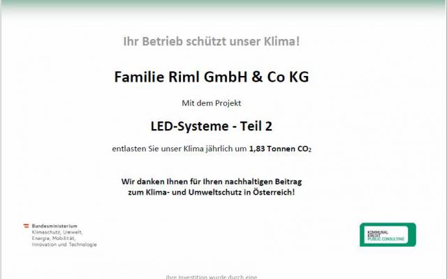 Nachhaltigkeit – Zertifikat LED-Systeme – Hotel Riml Obergurgl-Hochgurgl