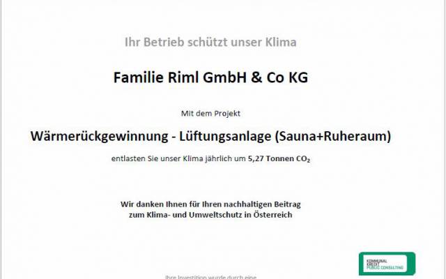Nachhaltigkeit – Zertifikat Wärmerückgewinnung – Hotel Riml Obergurgl-Hochgurgl