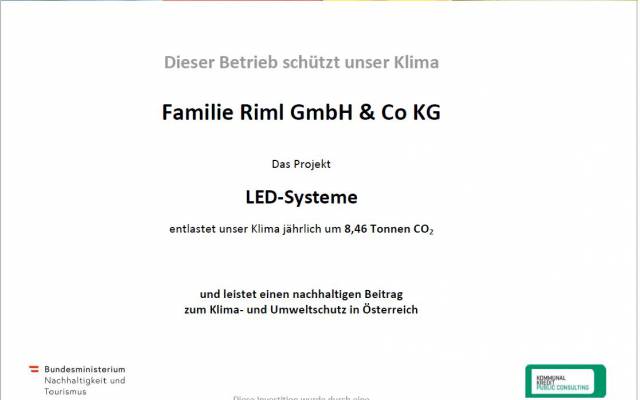 Nachhaltigkeit – LED Systeme Ihr Betrieb schützt unser Klima Zertifikat – Hotel Riml Obergurgl-Hochgurgl